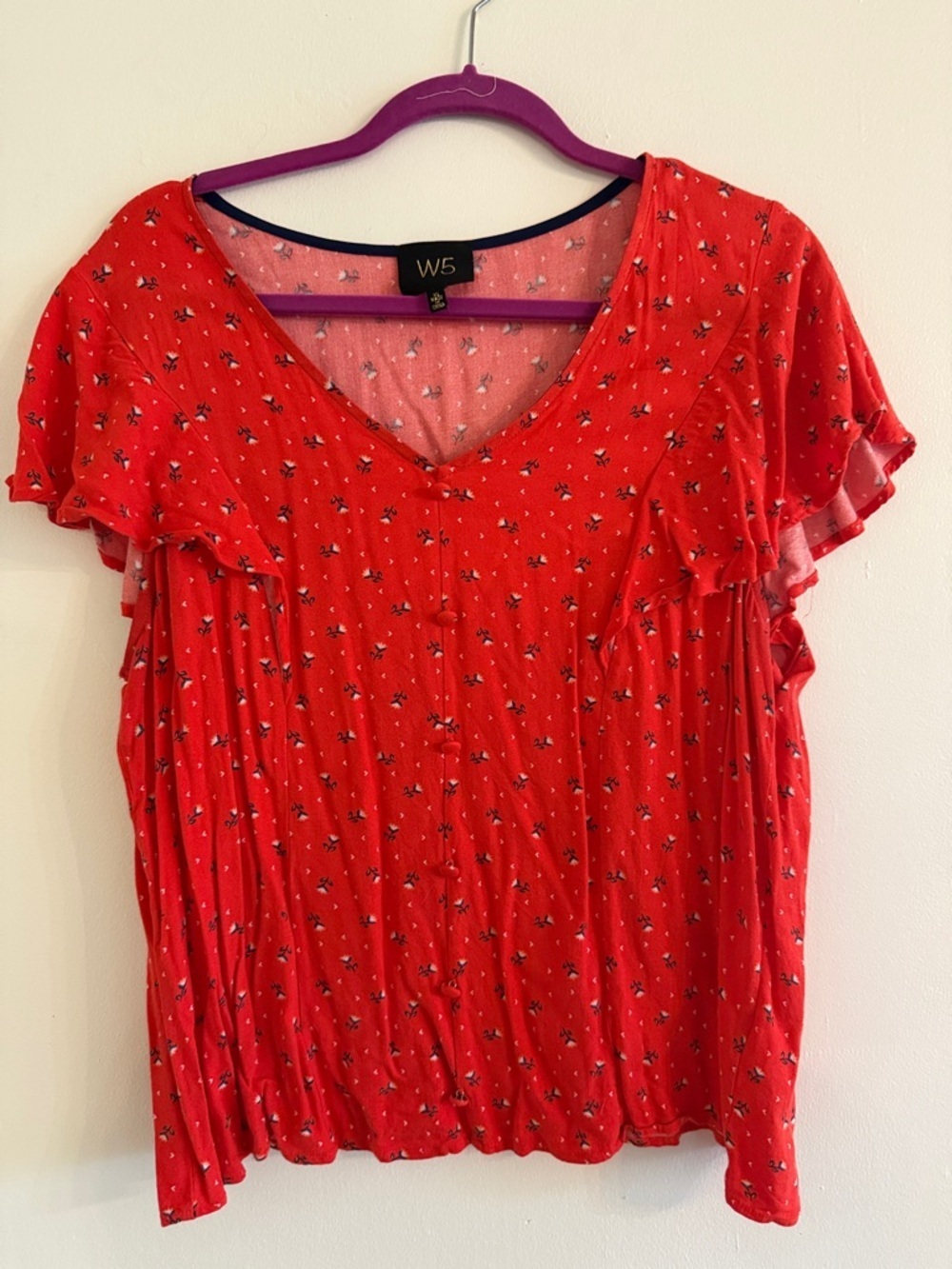 W5 Red Floral V-Neck Blouse with Flutter Sleeves
